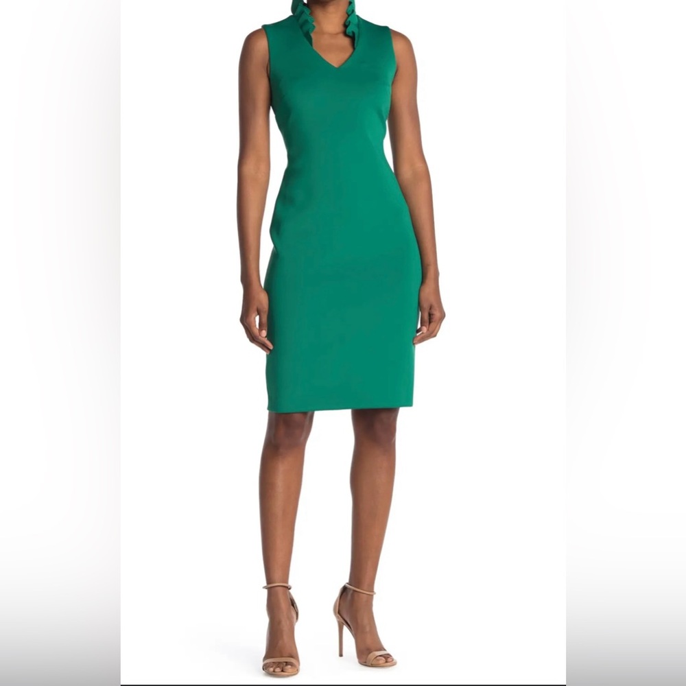 🌾 Calvin Klein Green Sheath Midi Dress V-Neck Sleeveless